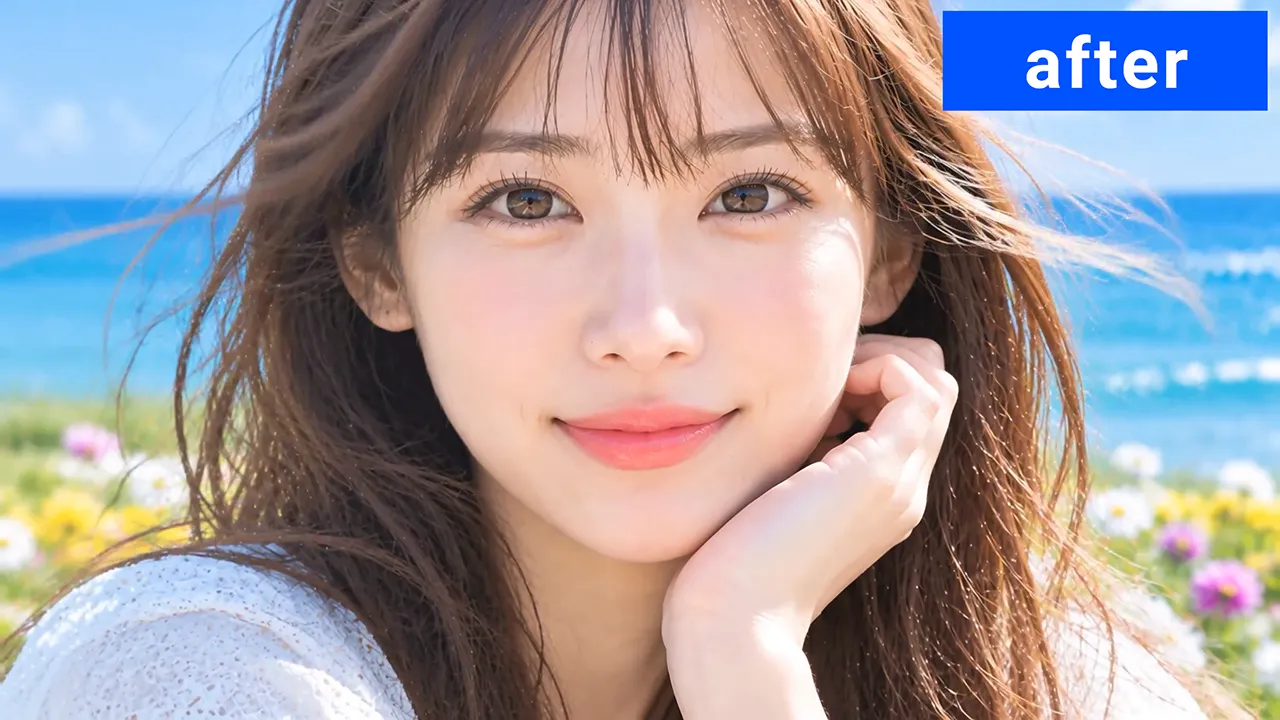 補正後。女性の映像が、くっきりと鮮やかに映っている