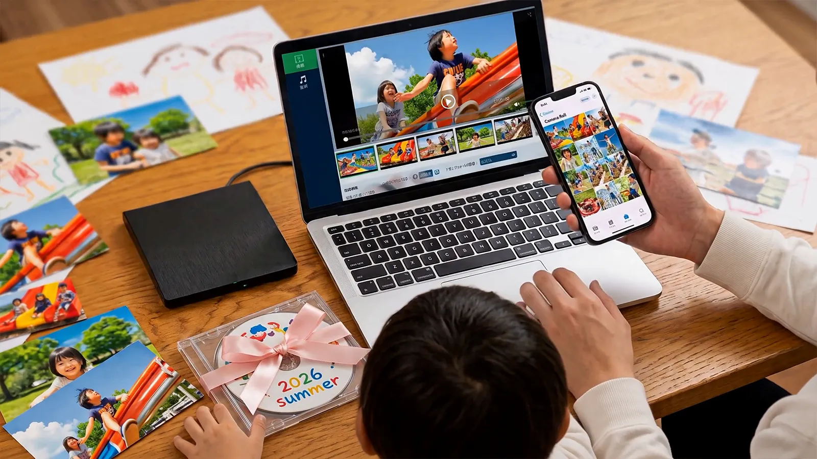 スマホの動画と写真をノートパソコンでDVDにまとめている様子
