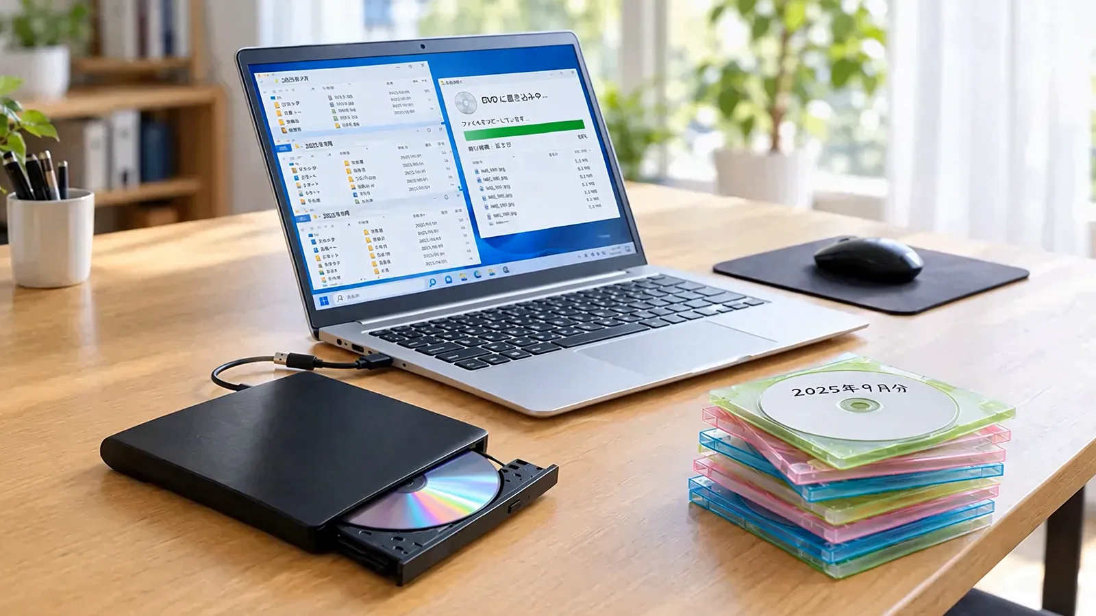 外付けDVDドライブでデータをディスクに書き込んでいる様子