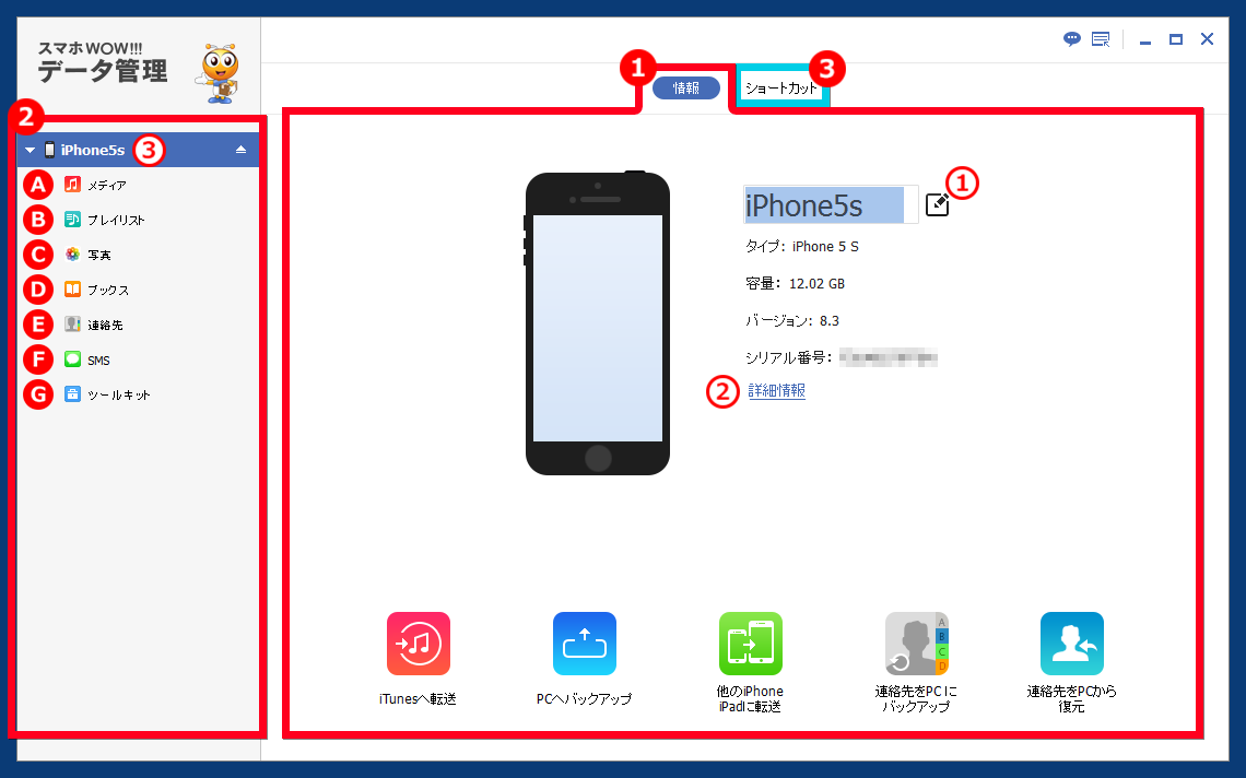 スマホWOW!!!(スマホワオ) データ管理 for iPhone iOS端末接続後画面　iphoneタイプ/容量/バージョン/シリアル番号